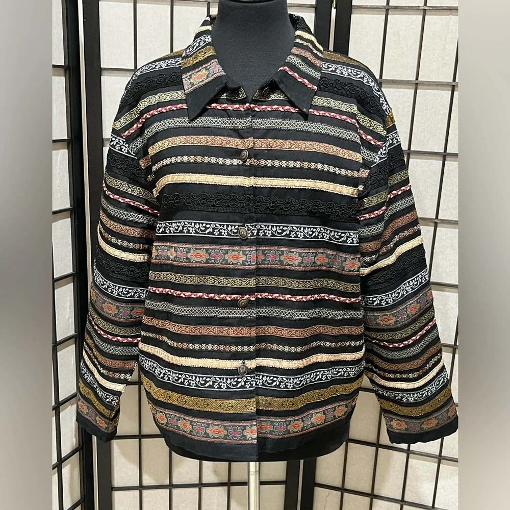 Tantrums Collection Black LACE STRIPE TRIM EMBELLISHED BOHO WOMENS JACKET SIZE L